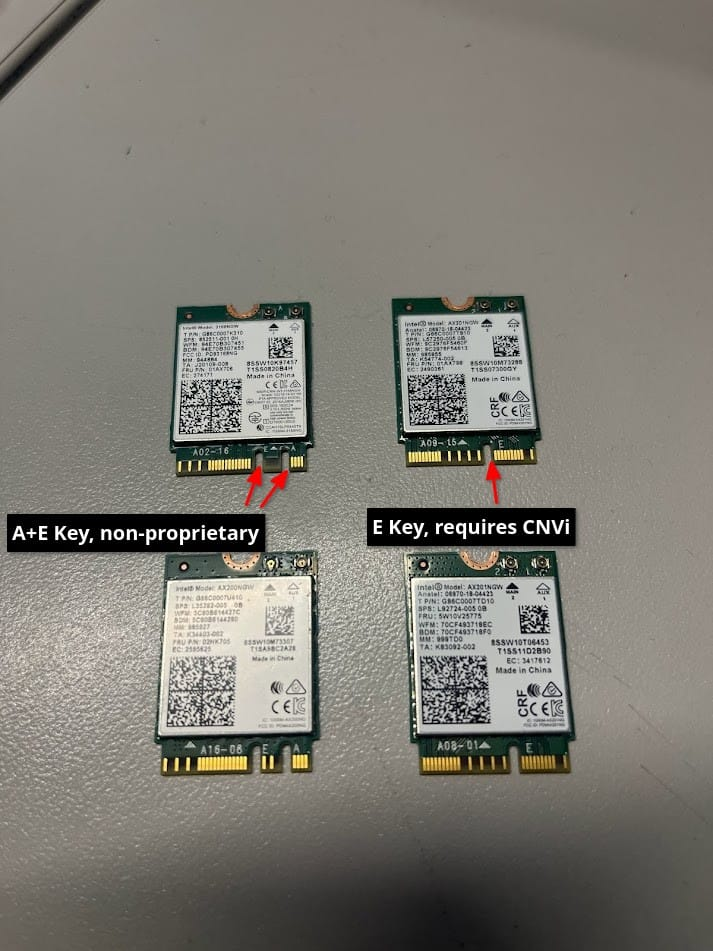 Comparison of A+E keyed adapters (left) vs E keyed adapters (right)