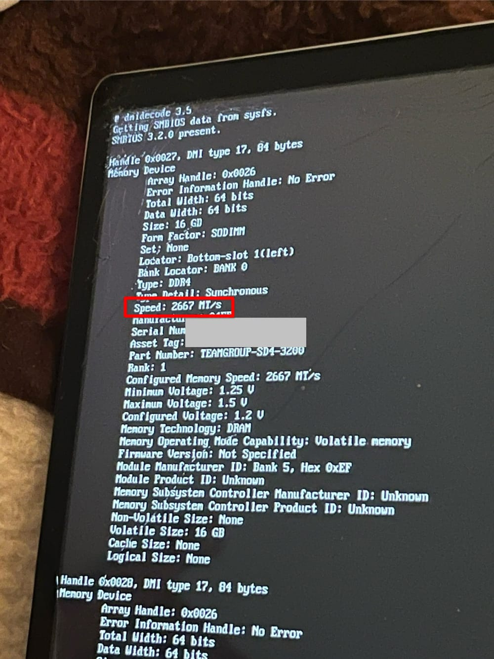 Output of dmidecode &ndash;type 17 command, showing the RAM running at 2667MHz