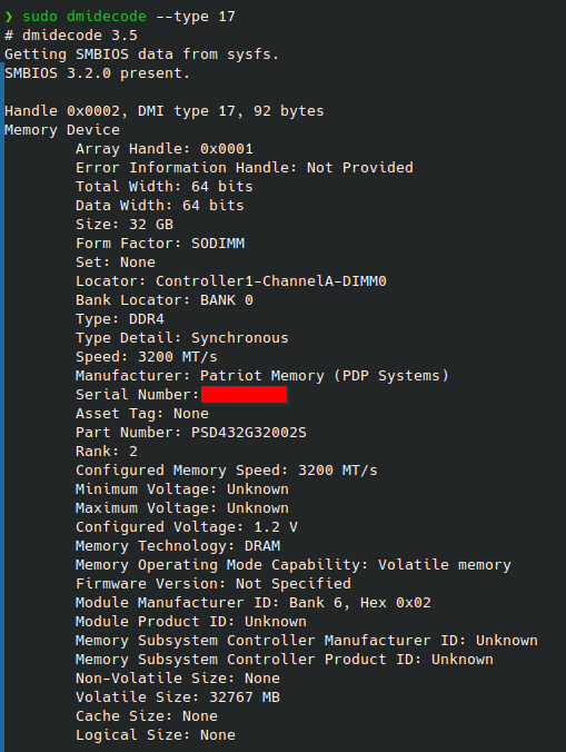 dmidecode &ndash;type 17 output for the Patriot brand RAM