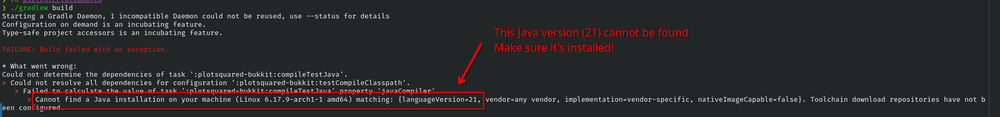 Gradle error indicating Java 21 cannot be found