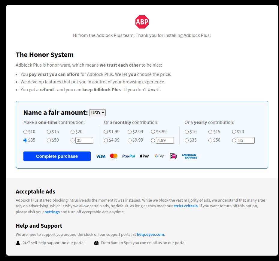 Adblock plus guilt tripping you into donations.