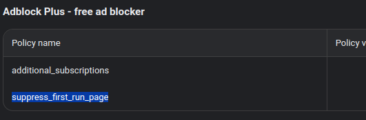 Adblock Plus policies, with <code>suppress_first_run_page</code> highlighted
